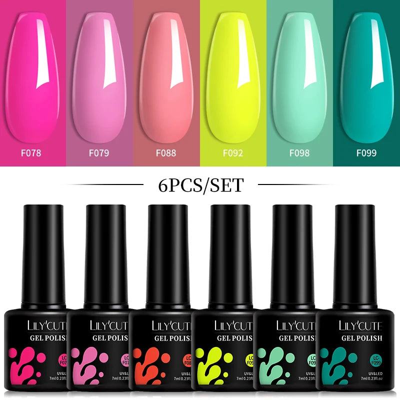 6pcs Bright Pink Gel Nail Polish Set – 7ml, UV/LED Soak Off