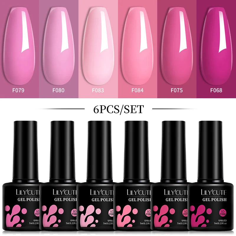 6pcs Bright Pink Gel Nail Polish Set – 7ml, UV/LED Soak Off