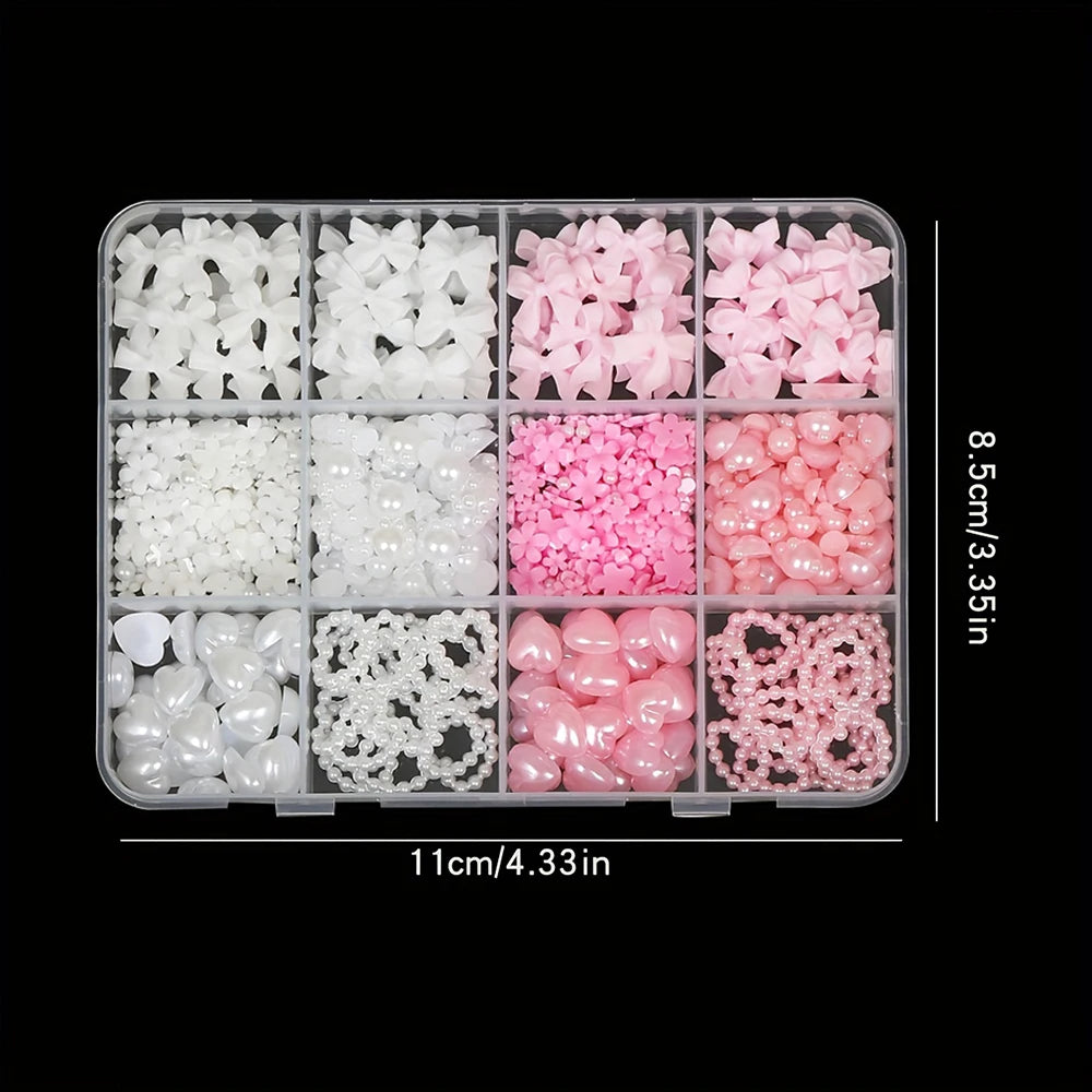 500PCS 3D Nail Art Kit – Resin Bows, Flat Back Pearls, and Assorted Shapes for DIY Craft