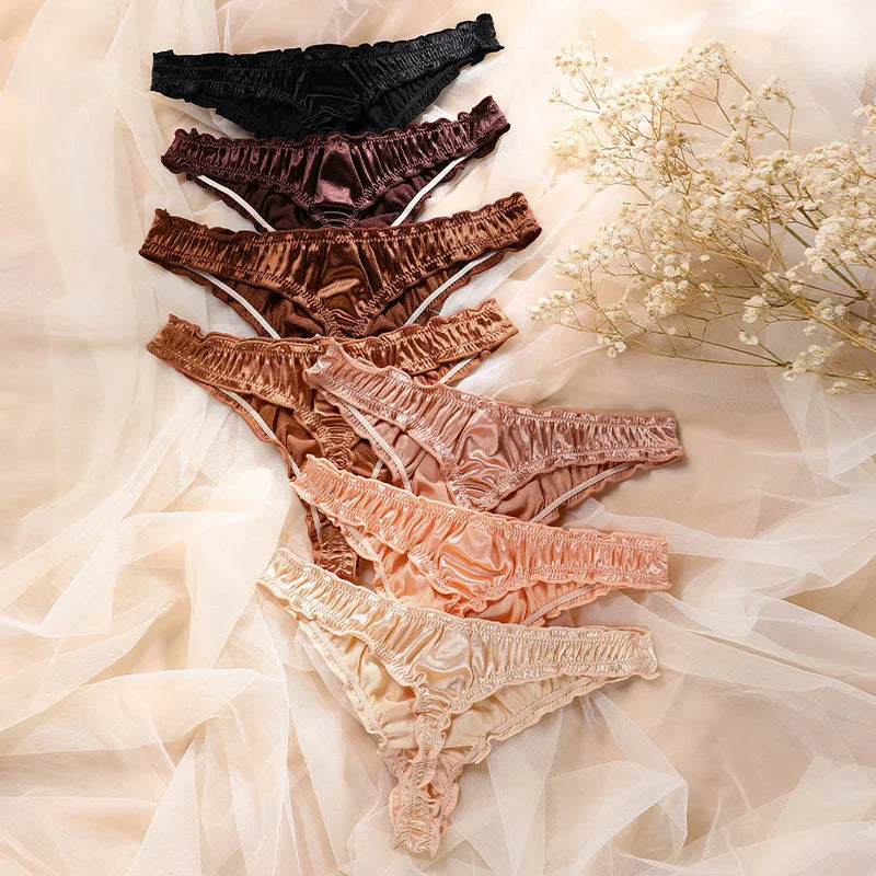 Ladies Frill Trim Satin Ice Silk Seamless No-Show Briefs