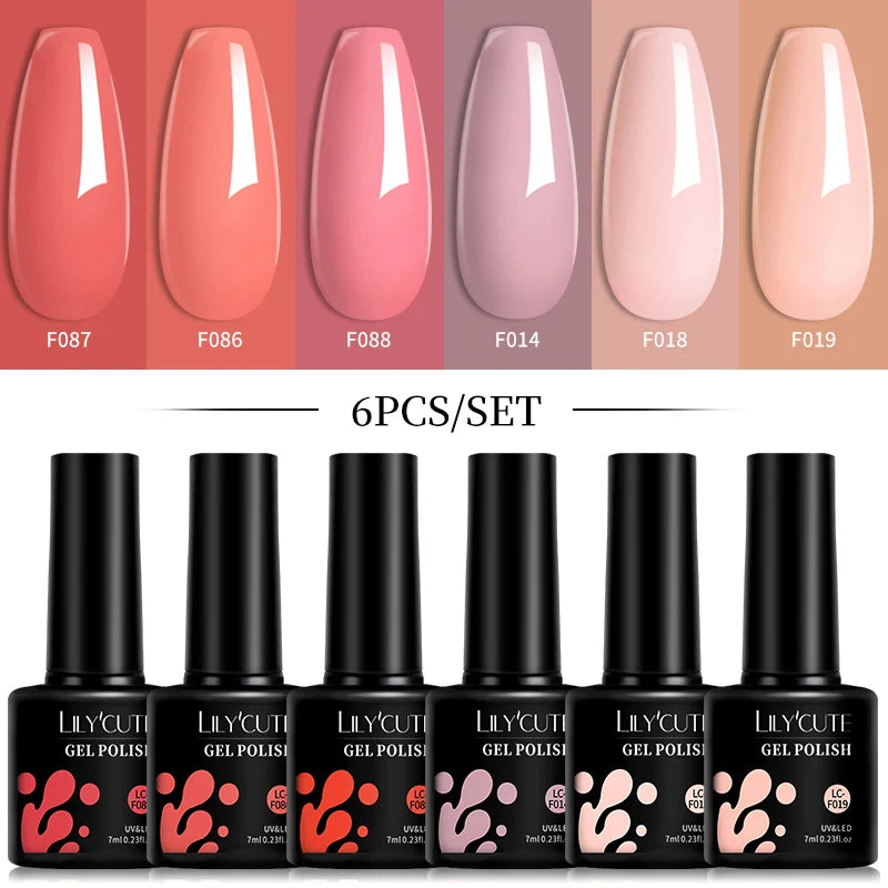 6pcs Bright Pink Gel Nail Polish Set – 7ml, UV/LED Soak Off