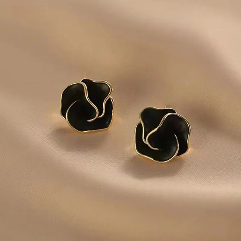 LATS Black Enamel Flower Stud Earrings – Multi-Layered Floral Design