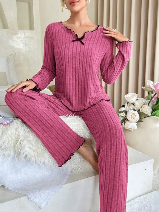 Women Autumn Winter Sleepwear Ribbed Pajamas Set