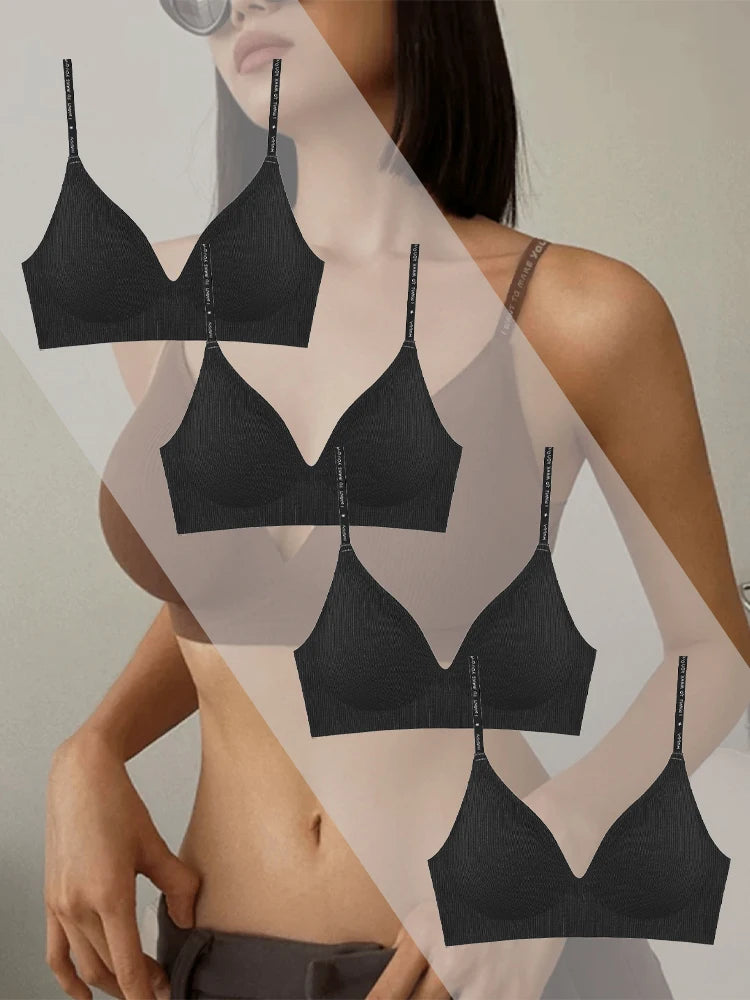 4pcs Deep V Padded Bralette Women Wireless Stripe Bras, Sexy Push-Up, Comfortable Lingerie.