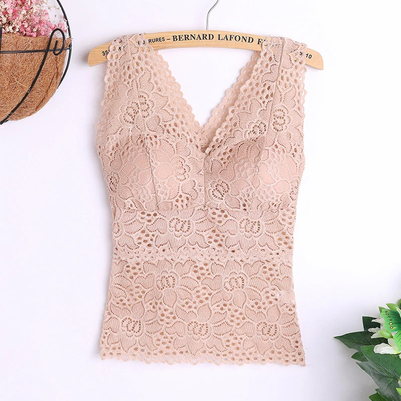 Tank Bra- V-neck, wide straps, sexy lace, versatile crochet vest, plus size, women's inner bra