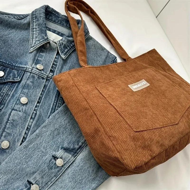 Trendy Large Capacity Corduroy Shoulder Tote Bag with Front Pocket for Ladies