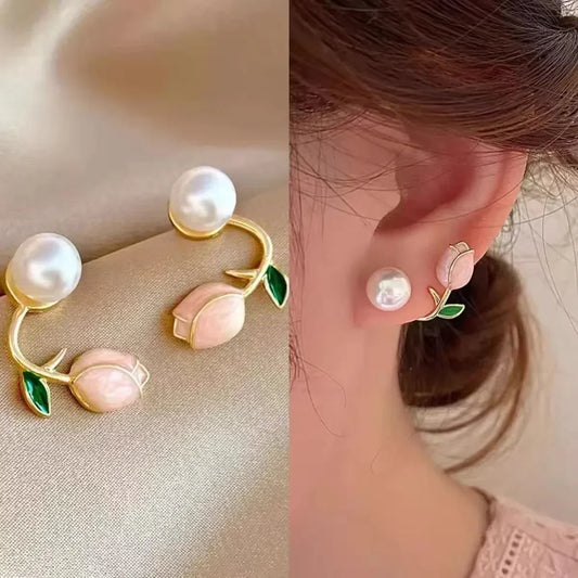 Sweet Fashion Enamel Pearl Tulip Flower Studs
