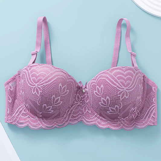 Women's Sexy Lace Underwire Bra, Floral Push-Up, Thin Half Cup, Gathered Brassiere for Everyday Wear.
