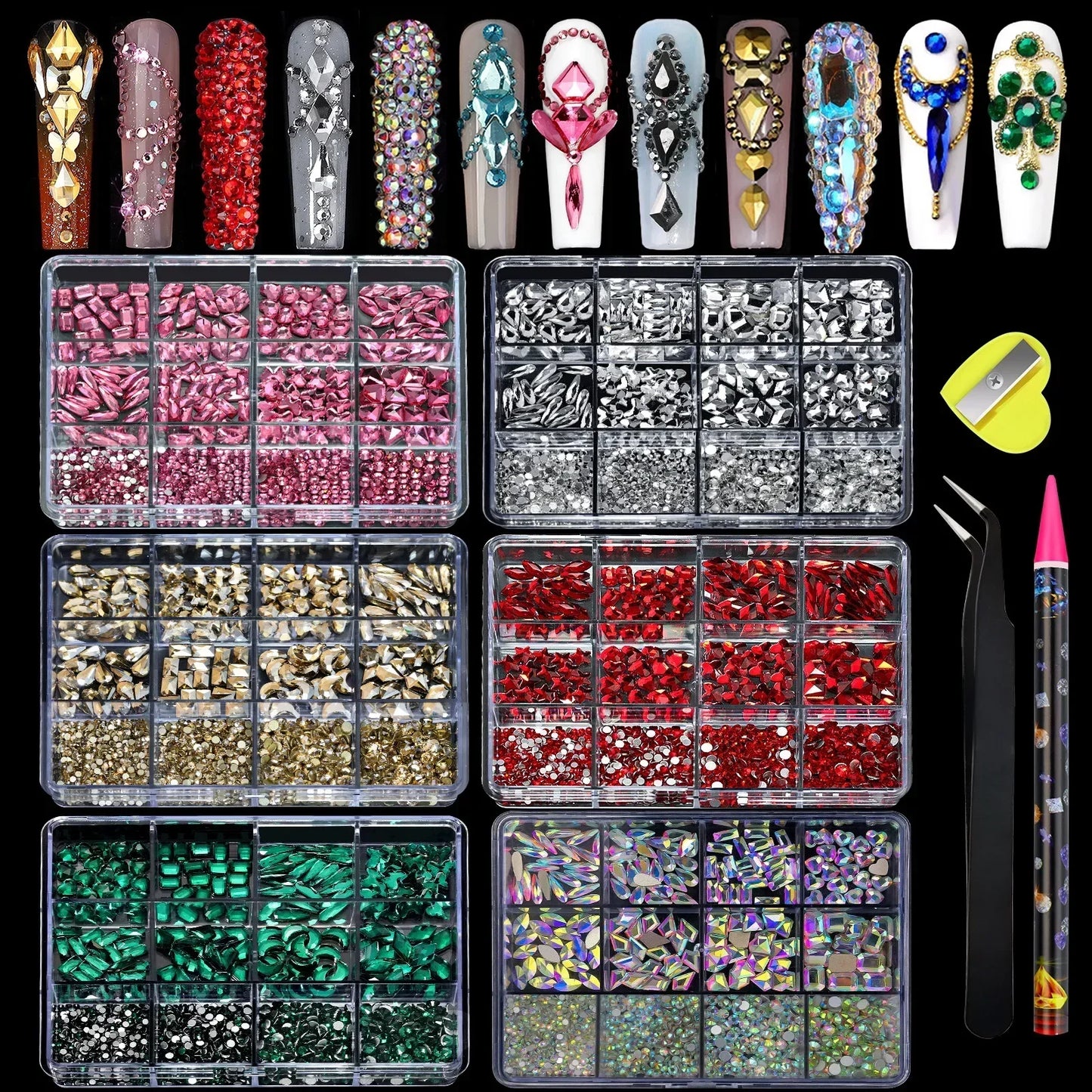 12-Grids Mixed Shaped Glass Crystal Rhinestones – Luxe Nail Art Decoration Kit