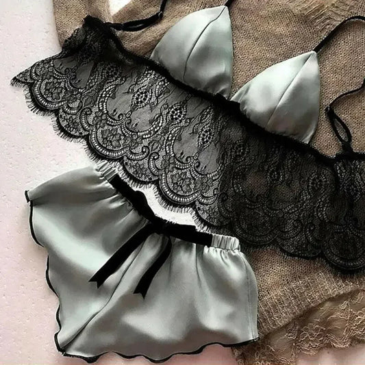 Sexy Silk Satin Pajama Set – V-Neck Crop Top & Shorts, Sleeveless Nightwear!