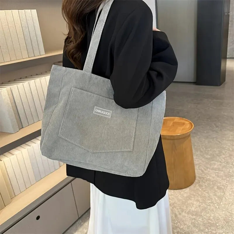 Trendy Large Capacity Corduroy Shoulder Tote Bag with Front Pocket for Ladies