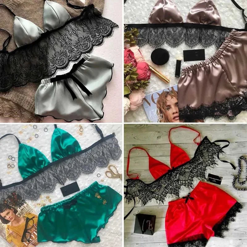Sexy Silk Satin Pajama Set – V-Neck Crop Top & Shorts, Sleeveless Nightwear!