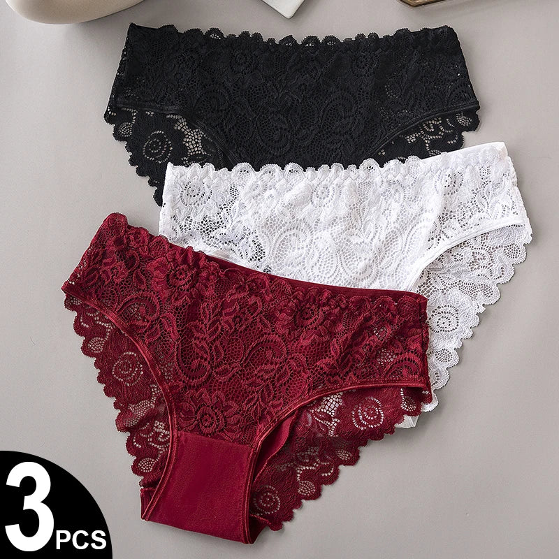 3PCS/Set Luxury Floral Lace Panties, Sexy Hollow Briefs, Breathable Women’s Underwear.