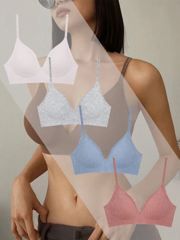 4pcs Deep V Padded Bralette Women Wireless Stripe Bras, Sexy Push-Up, Comfortable Lingerie.