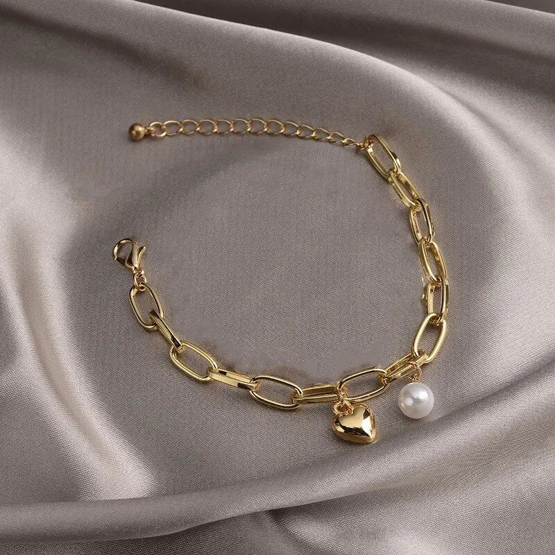 Golden Cross Bracelet – Simple Thick Chain with Love & Human Head Cross Pearl Pendant