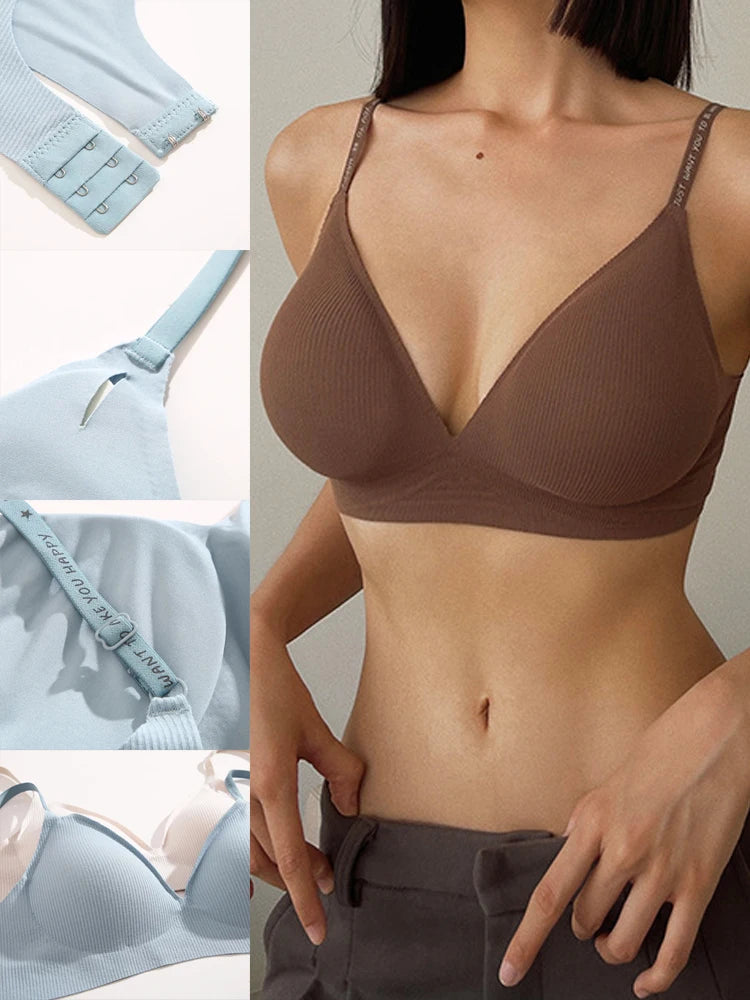 4pcs Deep V Padded Bralette Women Wireless Stripe Bras, Sexy Push-Up, Comfortable Lingerie.