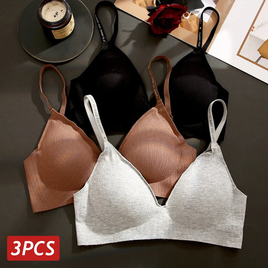 3PCS Sexy Deep V Neck Wireless Seamless Bras, Fashion Stripe Knitting Push Up Lingerie for Women.