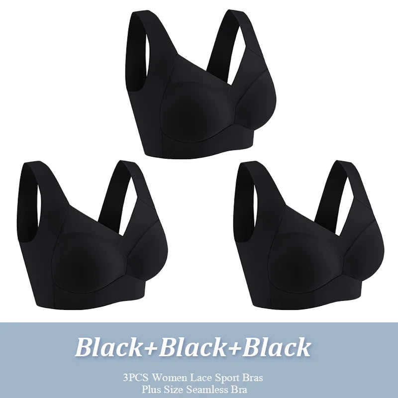 3Pcs Plus Size Sport Bras – Seamless Lace, Backless, Shock-Proof & Wireless!