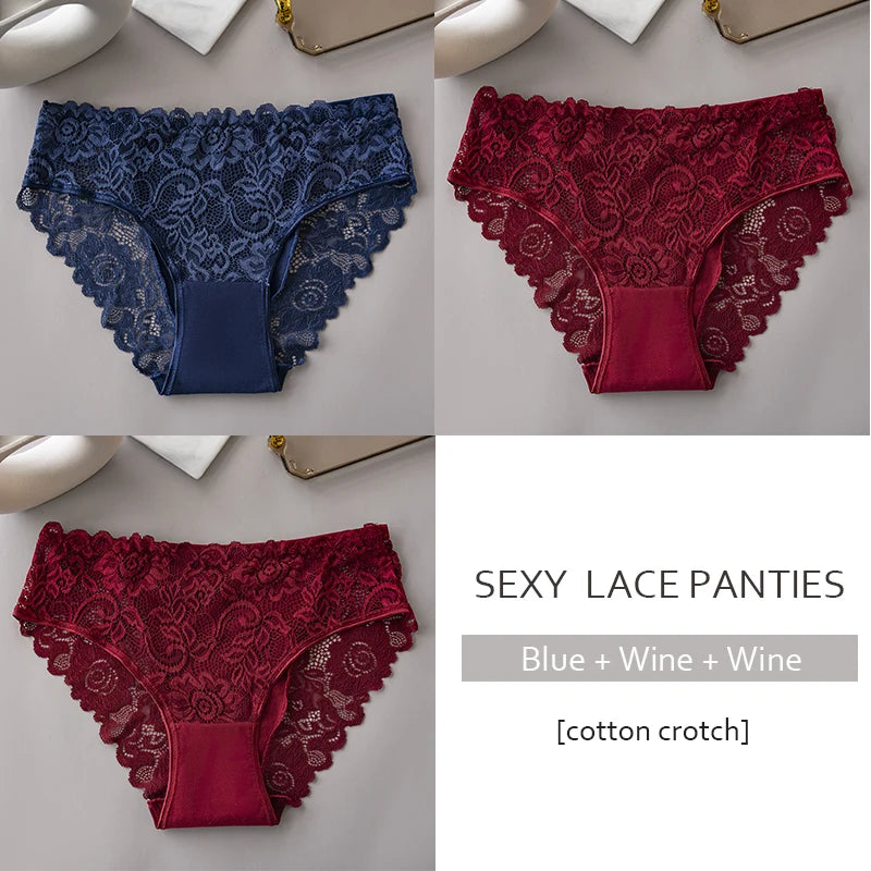 3PCS/Set Luxury Floral Lace Panties, Sexy Hollow Briefs, Breathable Women’s Underwear.