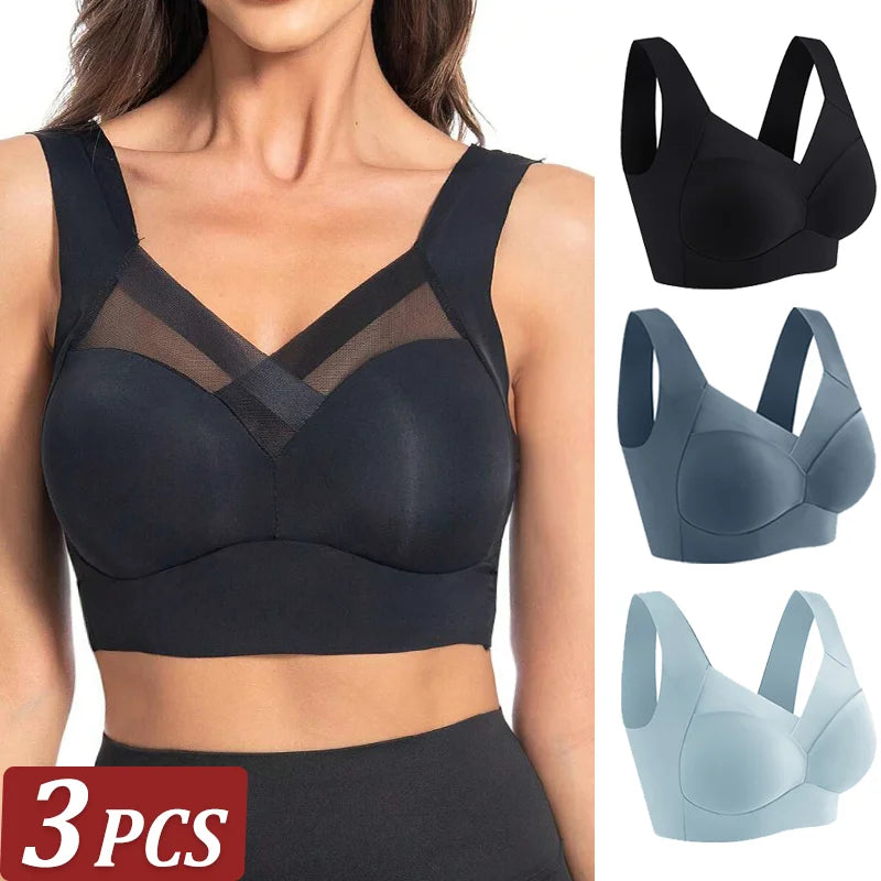 3Pcs Plus Size Sport Bras – Seamless Lace, Backless, Shock-Proof & Wireless!