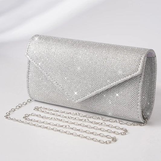 Glitter Envelope Handbag, Silver Shiny Chain Shoulder Bag, Mini Crossbody Flap, Fashion Day Clutch