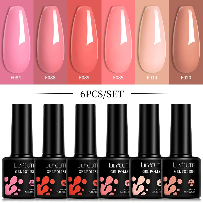 6pcs Bright Pink Gel Nail Polish Set – 7ml, UV/LED Soak Off