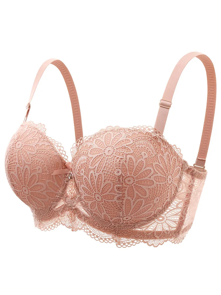 Lace Push-Up Bra for Women, Big Cup 1/2 Sexy Floral Underwire, Half Cup 36-42C Black Brassiere.