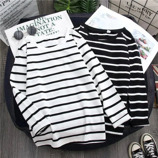 Women's Black Striped Long Sleeve Top – Stylish Foreign-Inspired, for Spring & Autumn