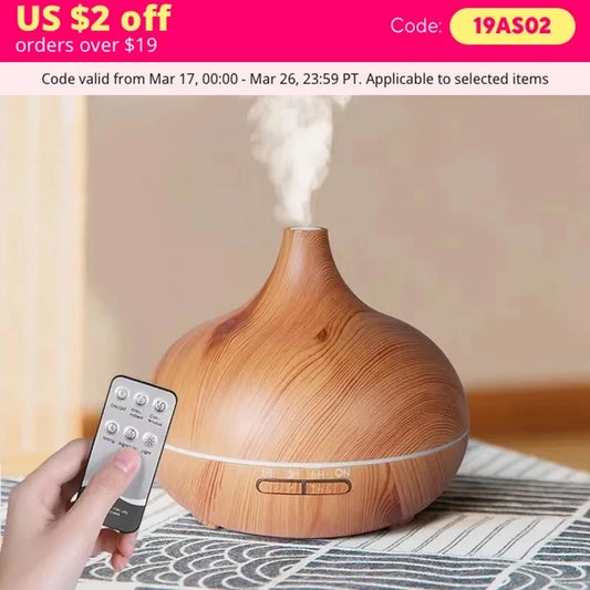 Ultrasonic Air Humidifier & Essential Oil Diffuser – Wood Grain, Remote Control, 7 Color Lights