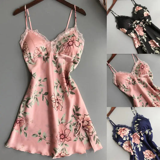 Floral Satin Silk Nightdress – Sexy V-Neck, Lace Details & Elegant Print!