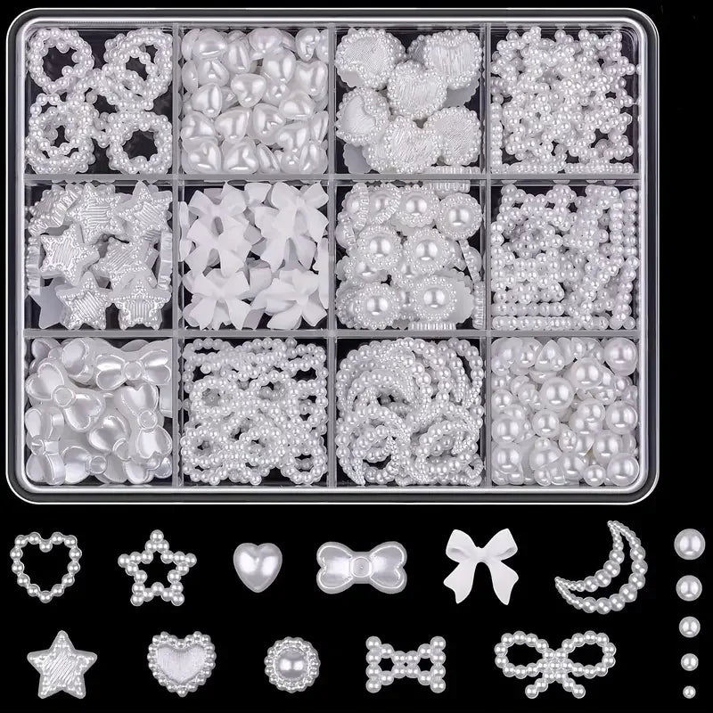 500PCS 3D Nail Art Kit – Resin Bows, Flat Back Pearls, and Assorted Shapes for DIY Craft