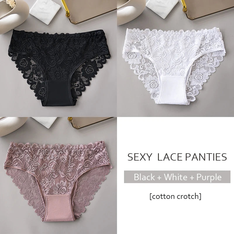 3PCS/Set Luxury Floral Lace Panties, Sexy Hollow Briefs, Breathable Women’s Underwear.