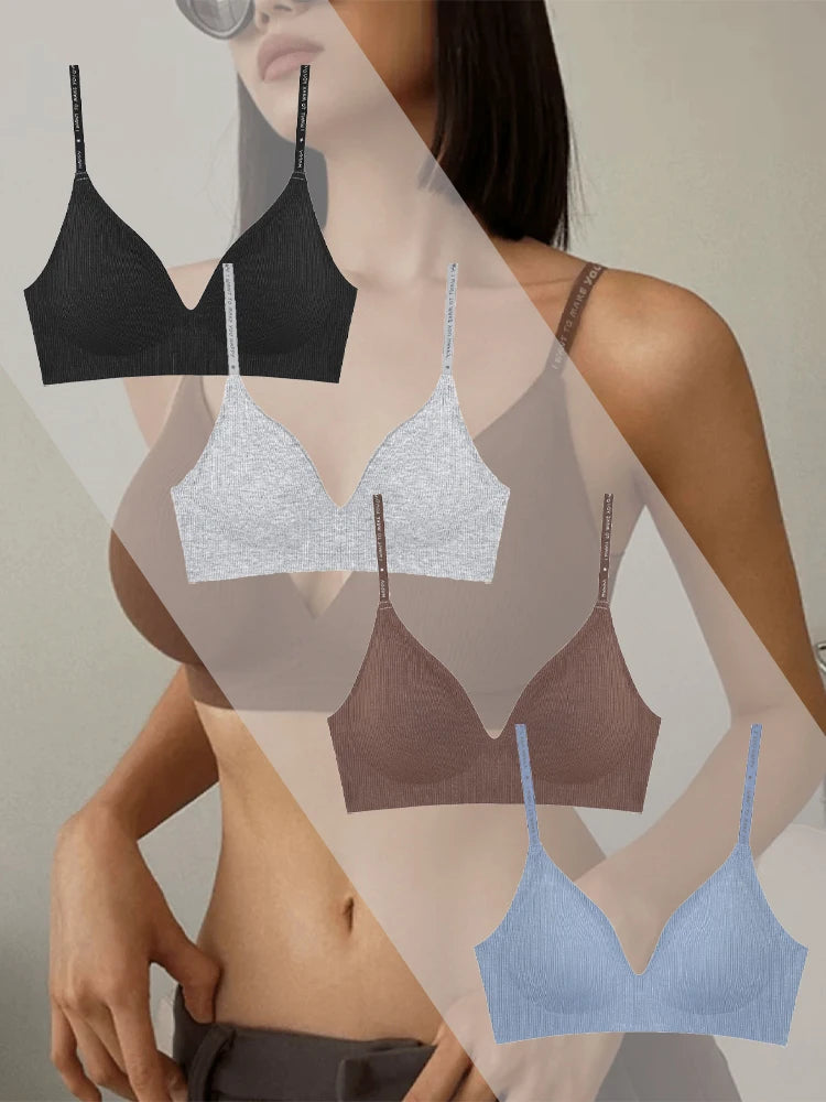4pcs Deep V Padded Bralette Women Wireless Stripe Bras, Sexy Push-Up, Comfortable Lingerie.