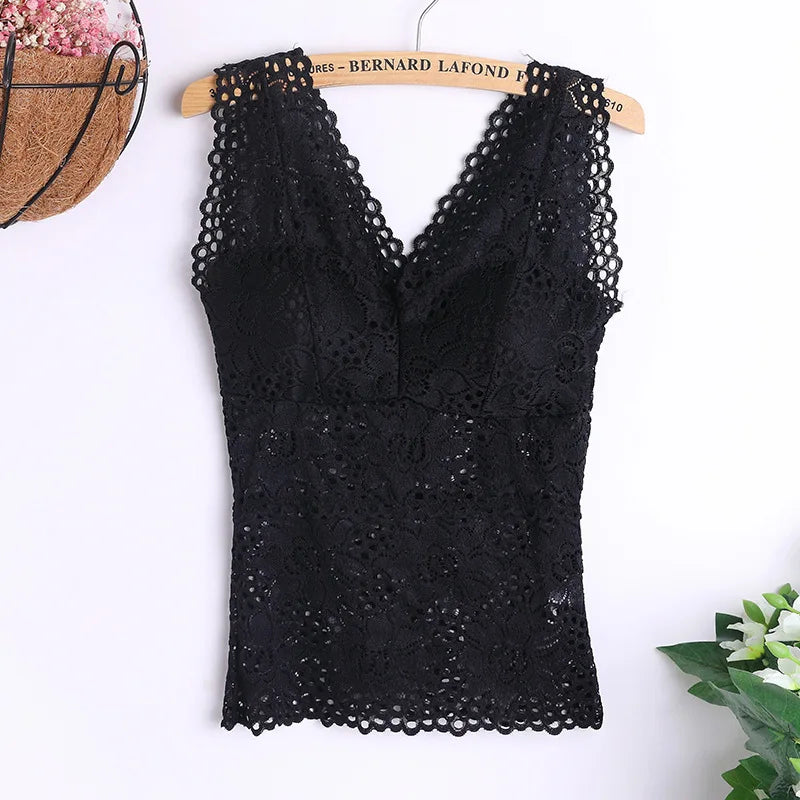 Tank Bra- V-neck, wide straps, sexy lace, versatile crochet vest, plus size, women's inner bra