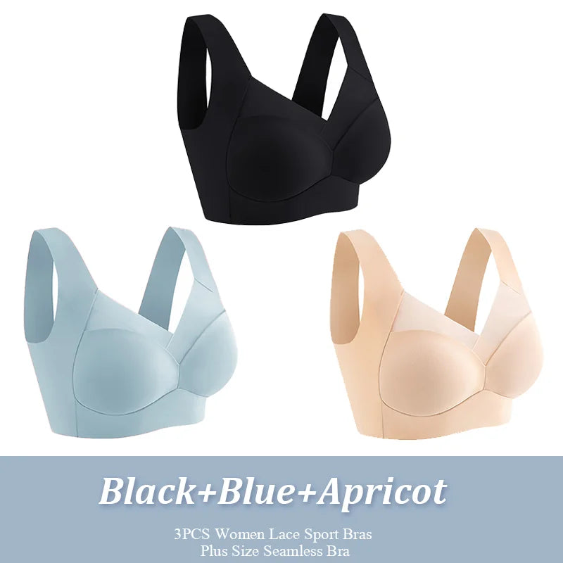 3Pcs Plus Size Sport Bras – Seamless Lace, Backless, Shock-Proof & Wireless!
