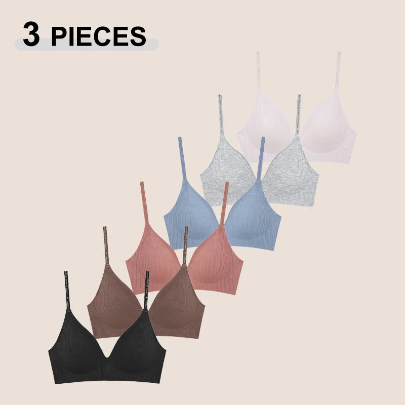 3PCS Sexy Deep V Neck Wireless Seamless Bras with Stripe Knitting, Letter Push-Up Design for Women.