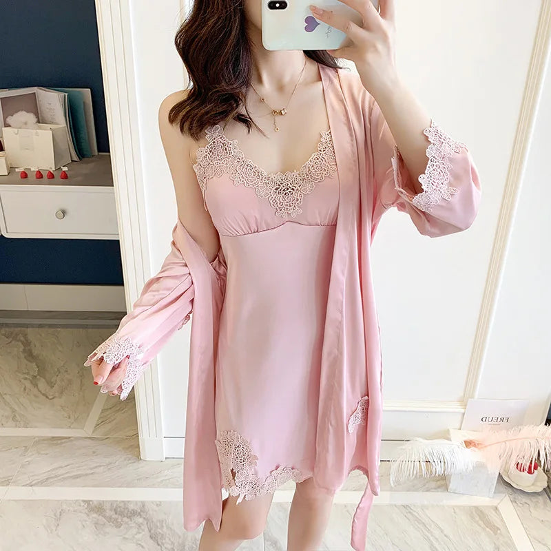 Sexy 2-Piece Satin Robe & Nighty Set – Elegant Kimono Style for Relaxing Nights!