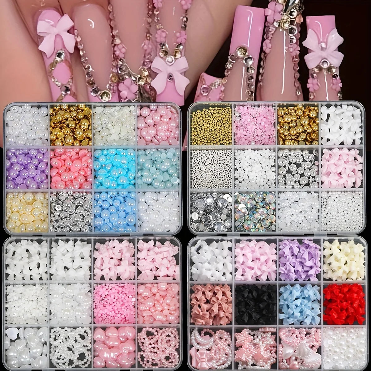 500PCS 3D Nail Art Kit – Resin Bows, Flat Back Pearls, and Assorted Shapes for DIY Craft