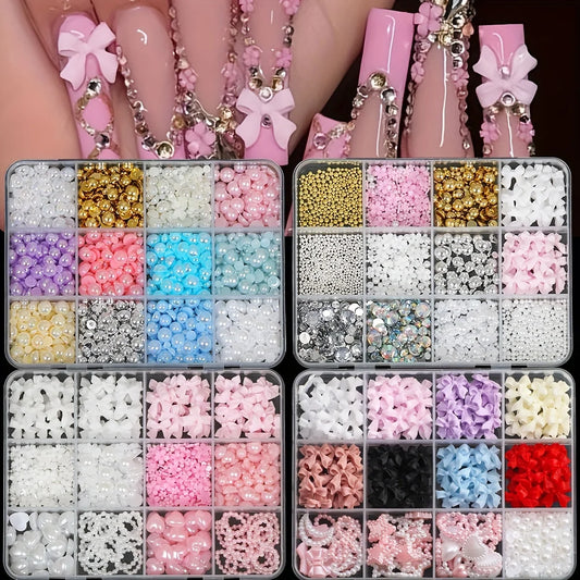 500PCS 3D Nail Art Kit – Resin Bows, Flat Back Pearls, and Assorted Shapes for DIY Craft