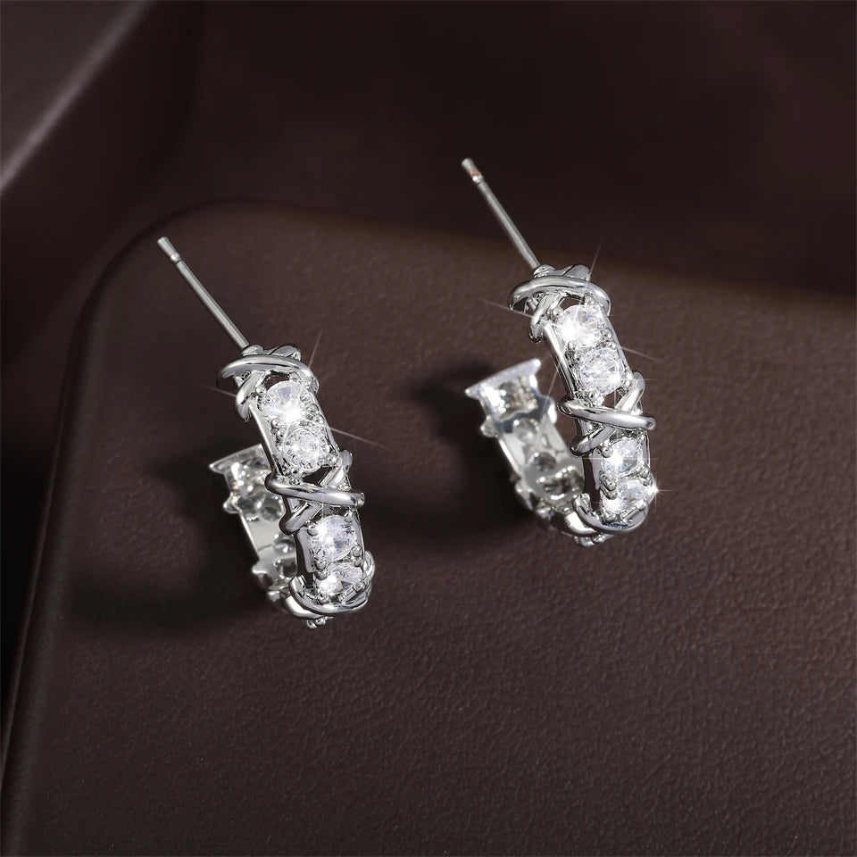 Korean Zircon Metal Hoop Earrings