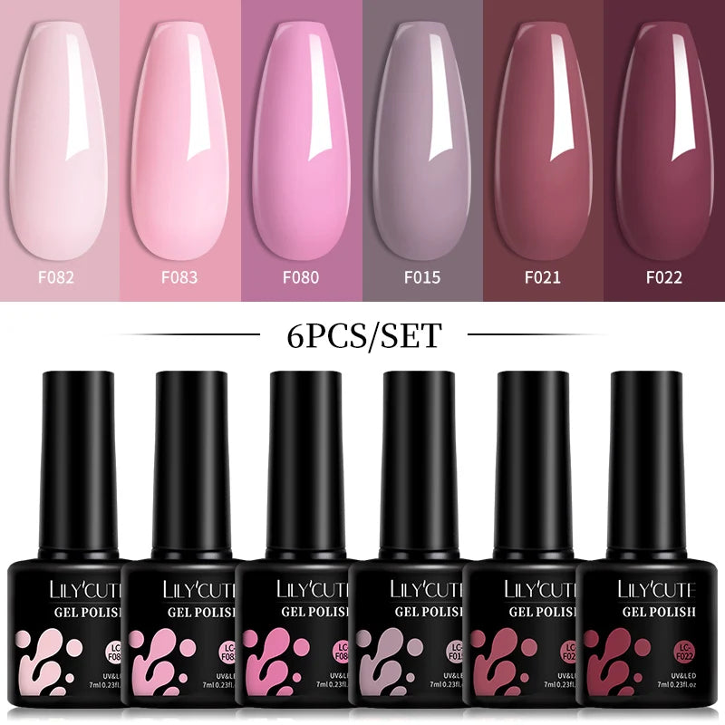 6pcs Bright Pink Gel Nail Polish Set – 7ml, UV/LED Soak Off
