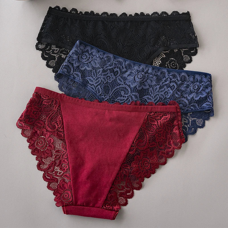 3PCS/Set Luxury Floral Lace Panties, Sexy Hollow Briefs, Breathable Women’s Underwear.
