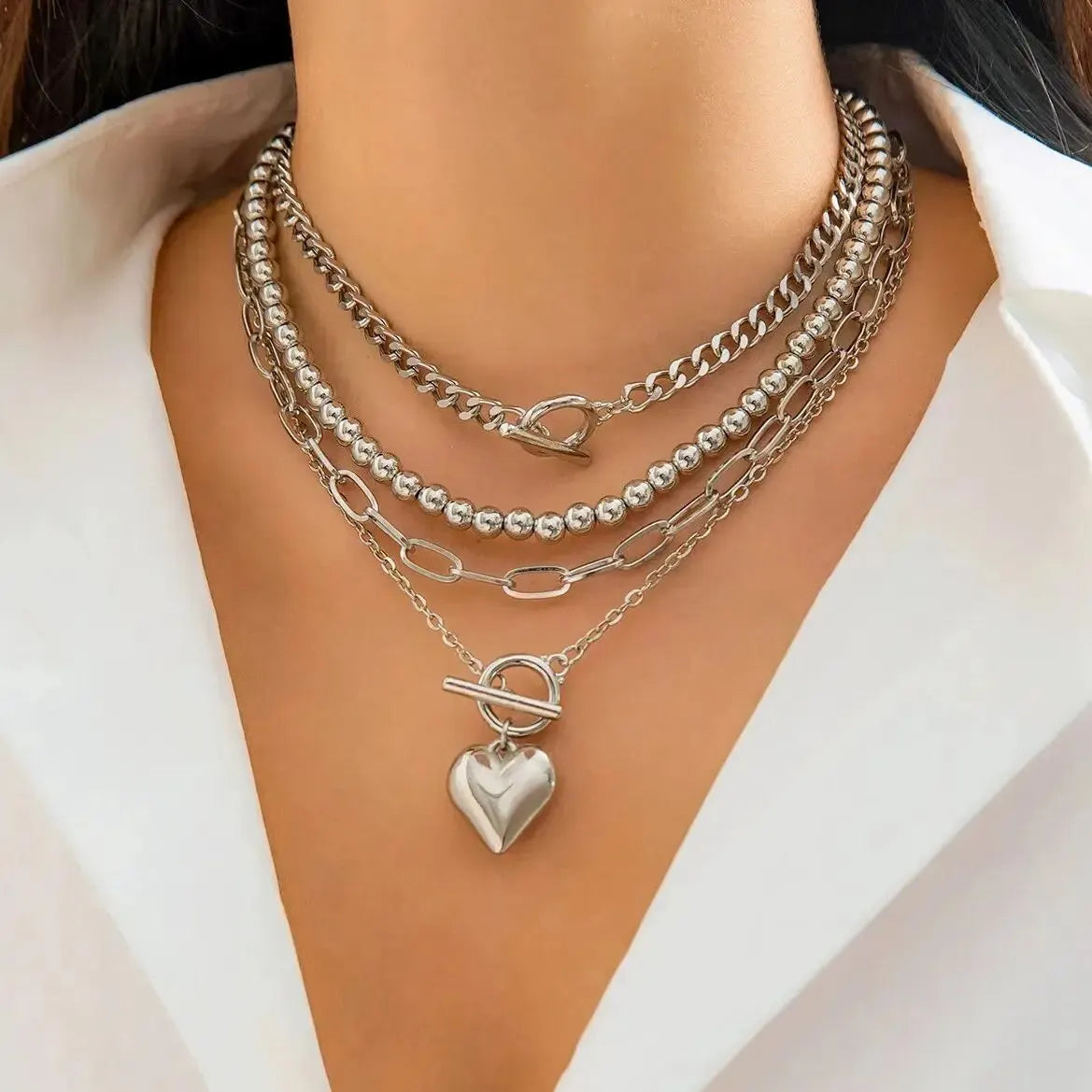 4Pcs Punk Heart Pendant Necklace Set