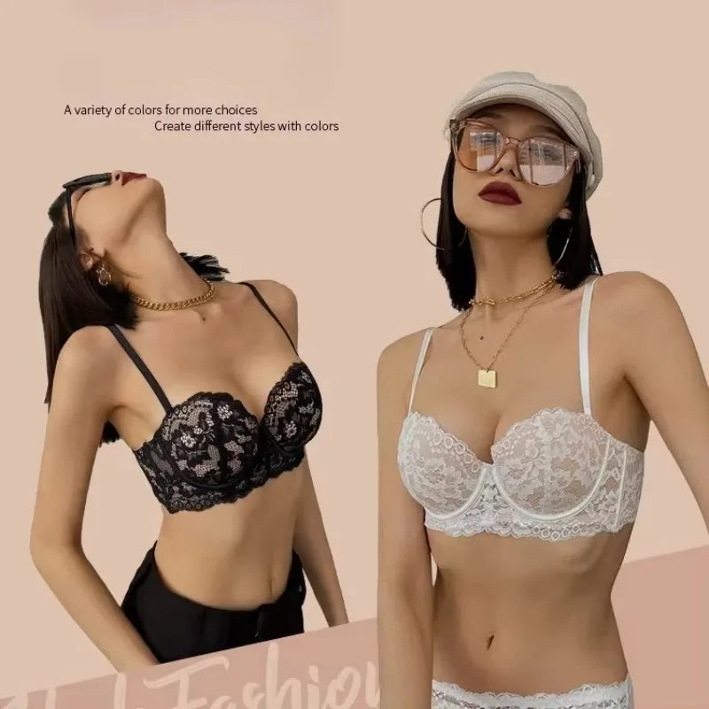 Half Cup Push-Up Lace Bra – Removable Straps, Sexy & Comfortable Lingerie in White and Black.