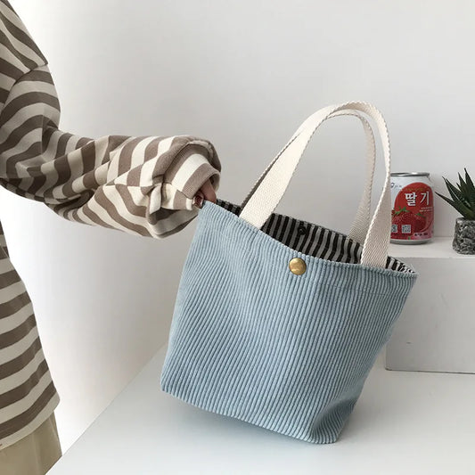 Small Corduroy Lunch Bag for Women, Eco Canvas, Portable Tote, Mini Bento Picnic Food Bag, Travel Handbag
