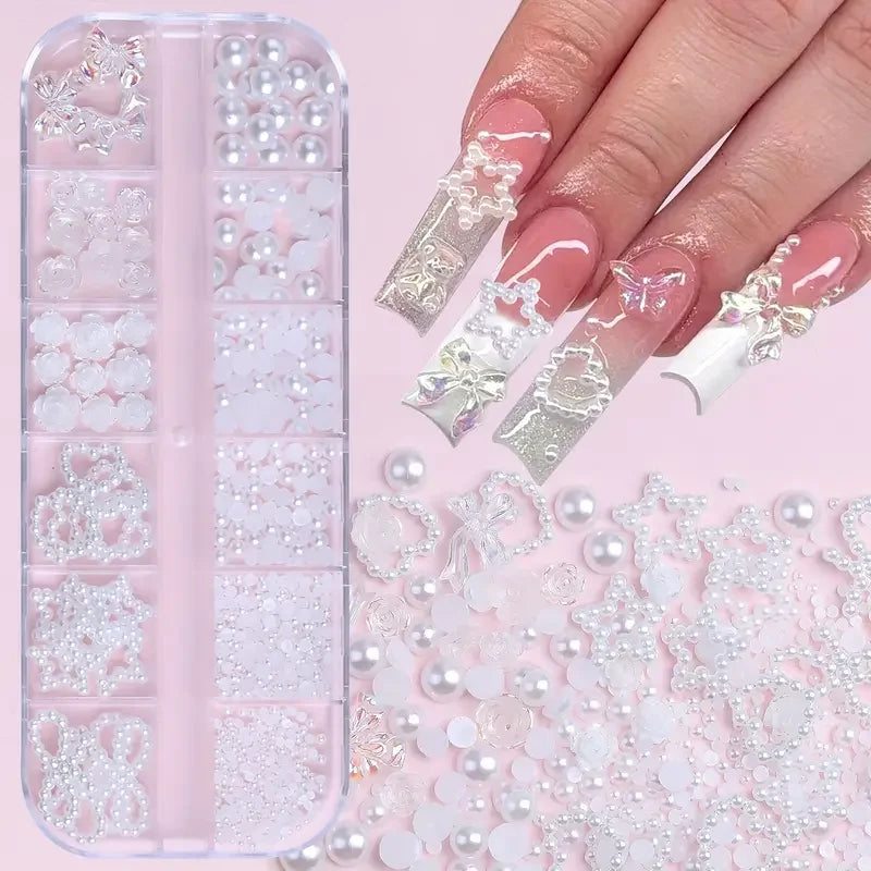 500PCS 3D Nail Art Kit – Resin Bows, Flat Back Pearls, and Assorted Shapes for DIY Craft