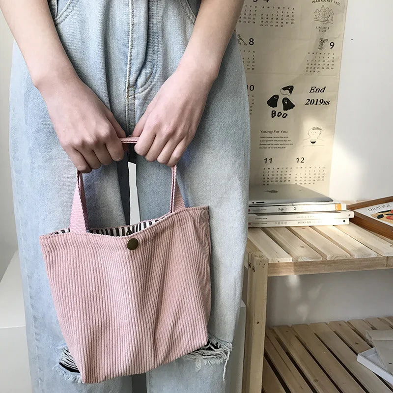 Small Corduroy Lunch Bag for Women, Eco Canvas, Portable Tote, Mini Bento Picnic Food Bag, Travel Handbag