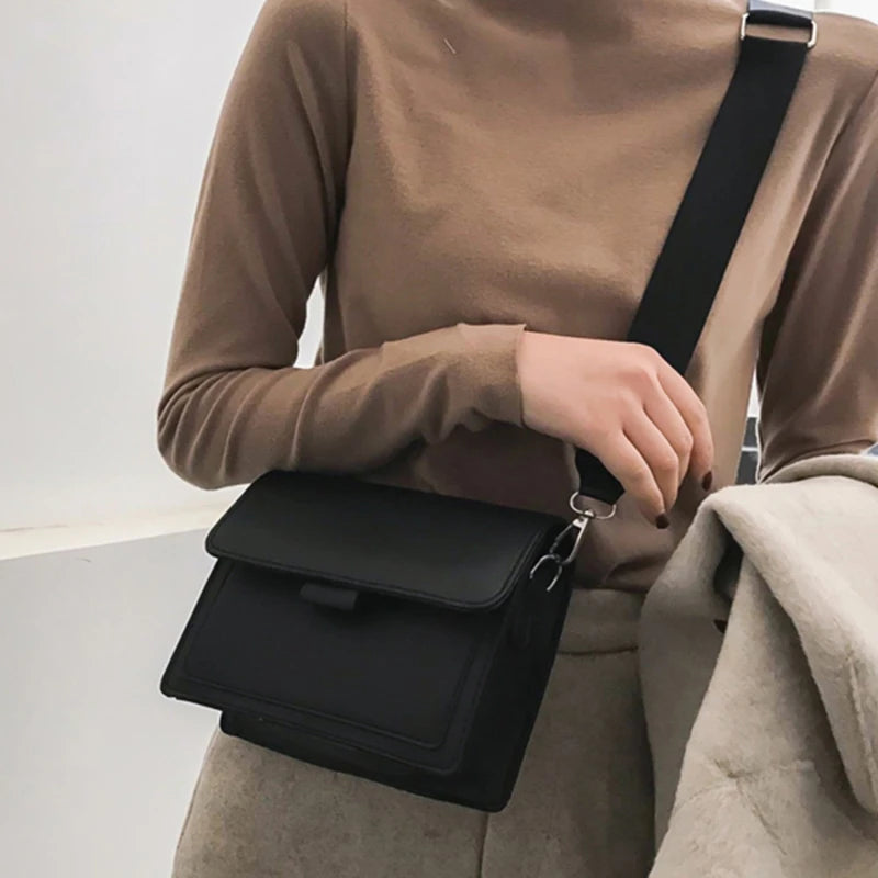 Ladies Messenger Bag, Solid Color, Trendy Wide Shoulder Strap, Small Square, Retro Casual Crossbody Bag