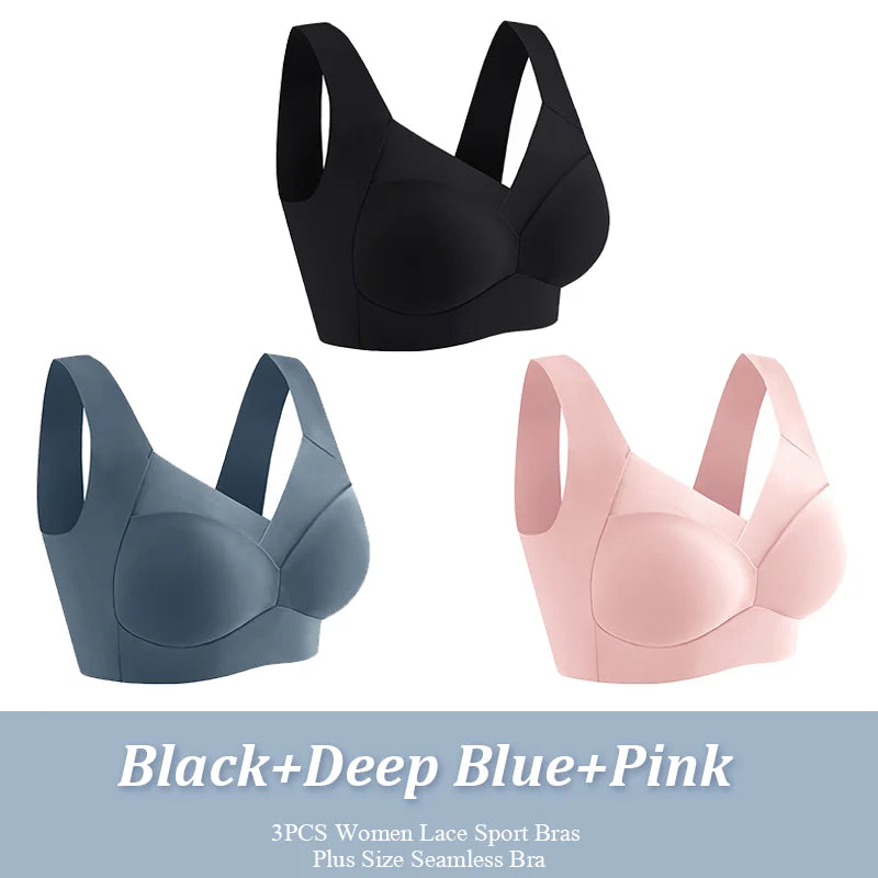 3Pcs Plus Size Sport Bras – Seamless Lace, Backless, Shock-Proof & Wireless!