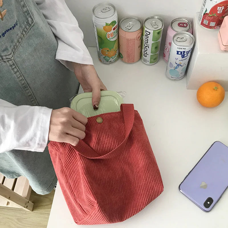 Small Corduroy Lunch Bag for Women, Eco Canvas, Portable Tote, Mini Bento Picnic Food Bag, Travel Handbag